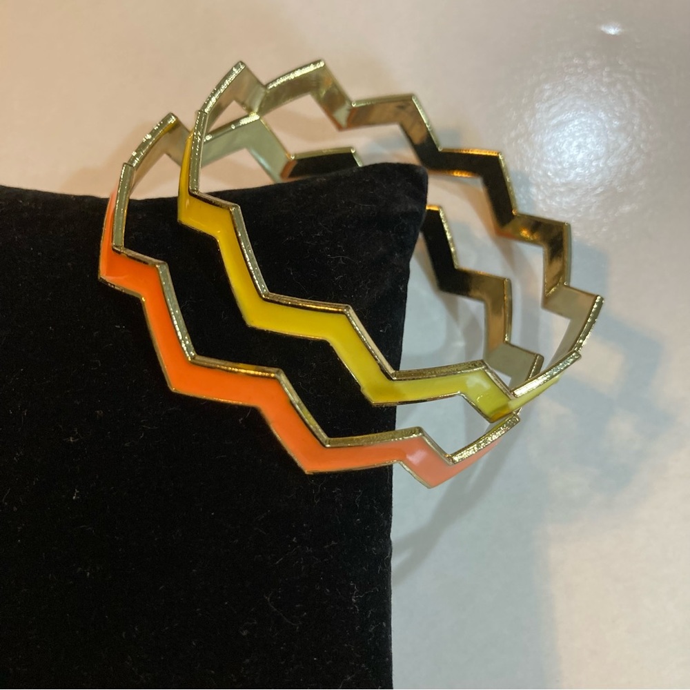 Gold Tone Metal and Enamel Chevron Bangles. Yellow and Orange.